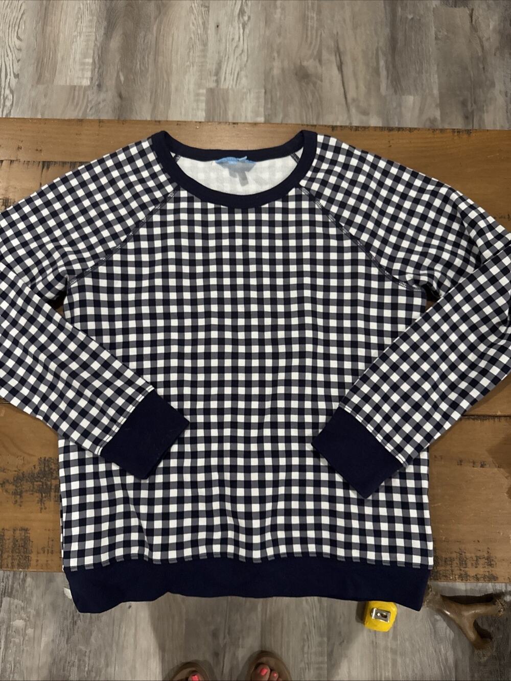 Draper James Natalie Pullover Sweatshirt Navy/White Gingham Top Long Sleeve S